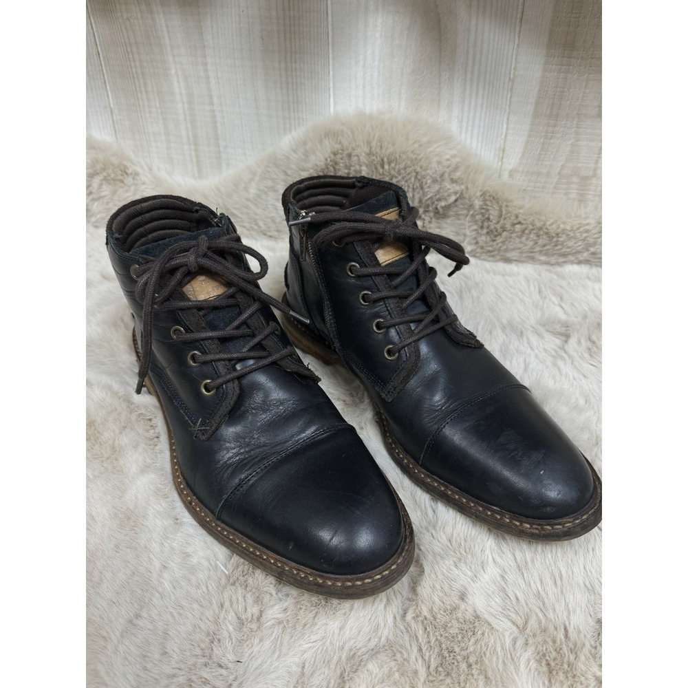 Bullboxer Black Leather Cap Toe Lace Up Ankle Boots Men's EU 44 US 10 Side Zip